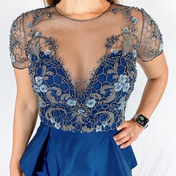 Marchesa Notte Navy Lace Ruffle Formal Gown $1195 - Picture 3 of 13